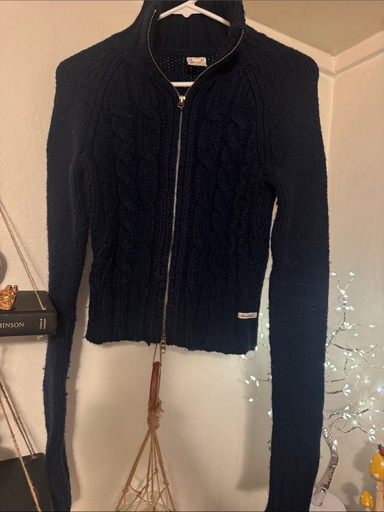 Abercrombie & Fitch Sweaters - Y2K Abercrombie & Fitch dark blue Cable-Knit Full-Zip Cardigan